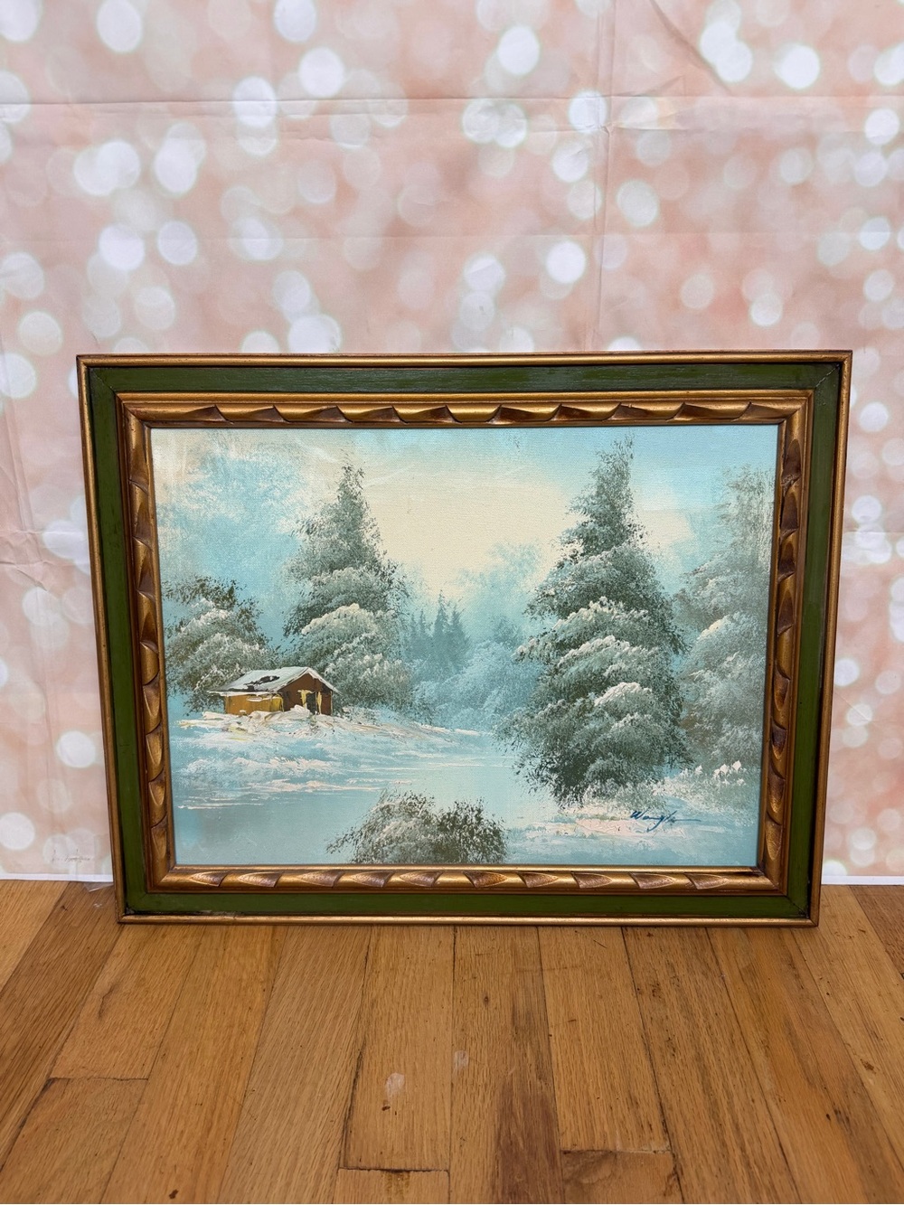 Vintage Oil Painting On Canvas Signed Wough Winter Landscape Cabin Trees 19 X 15
